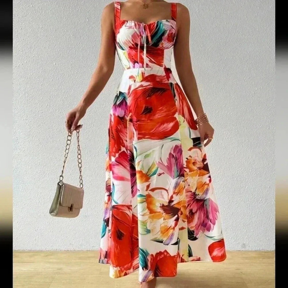 Women Chest Strap Sleeveless LongSummer Dress, Random Printed Cutout - Picture 1 of 7